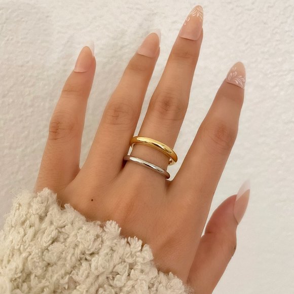 925 Sterling Silver & Gold Two Tone Layer Ring Minimalist Chunky Thick Ring - Picture 6 of 6